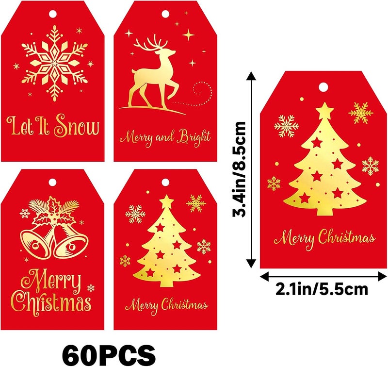 g2plus 60Pcs Christmas Gift Tags with String - Red and Gold Merry Christmas Paper Tags, 4 Designs Xmas Tag for Holiday Wrapping, DIY Crafts, Gift Exchange, Party Favors - Image 2